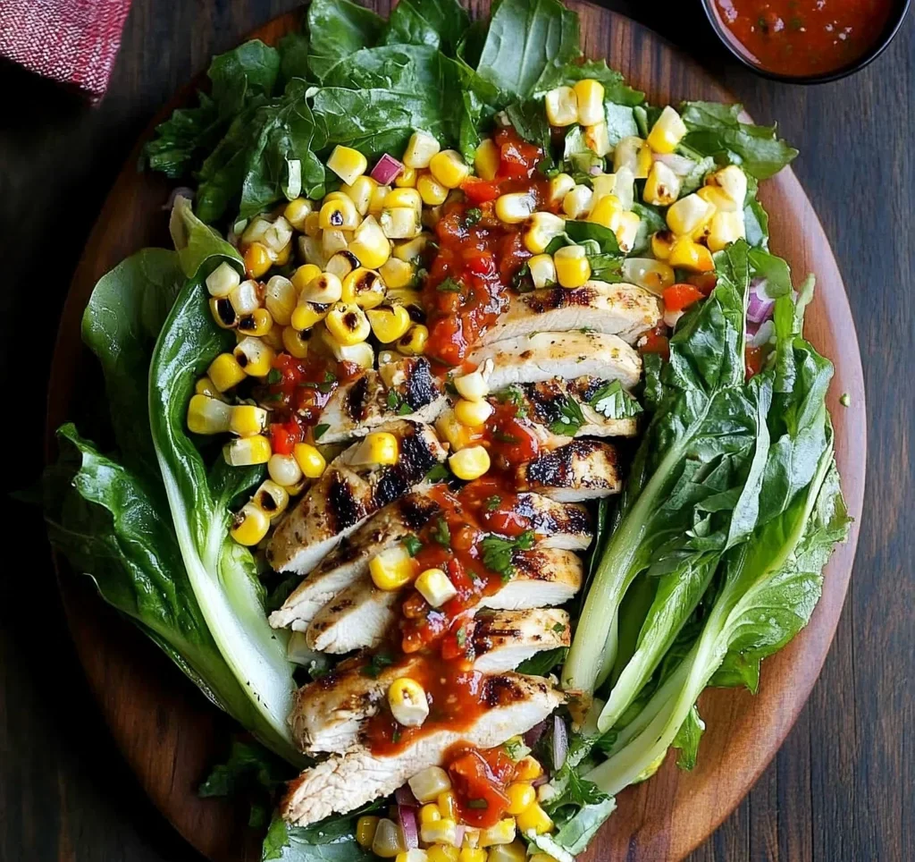 Grilled Romaine, Corn and Chicken Salad with Salsa Dressing