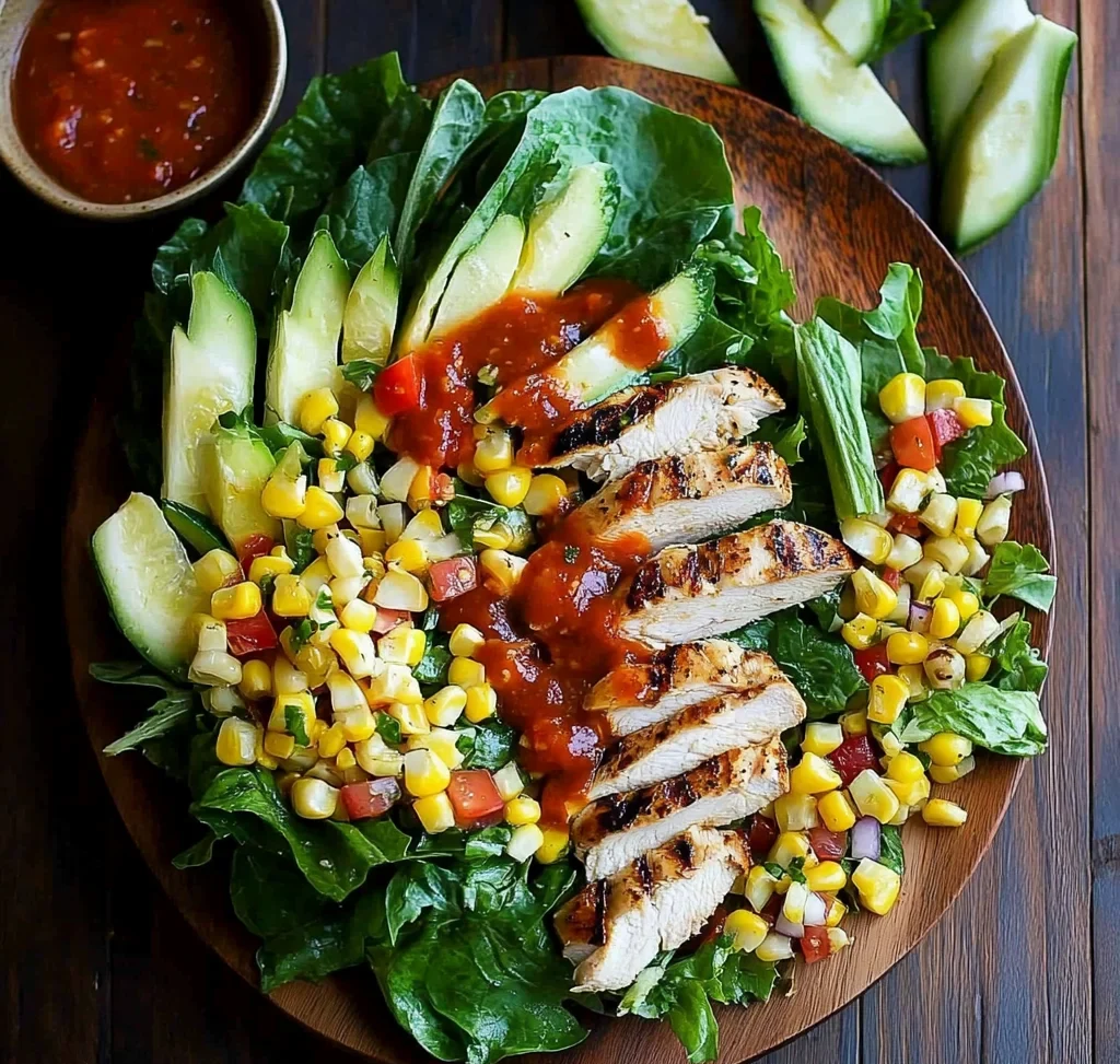 Grilled Romaine, Corn and Chicken Salad with Salsa Dressing