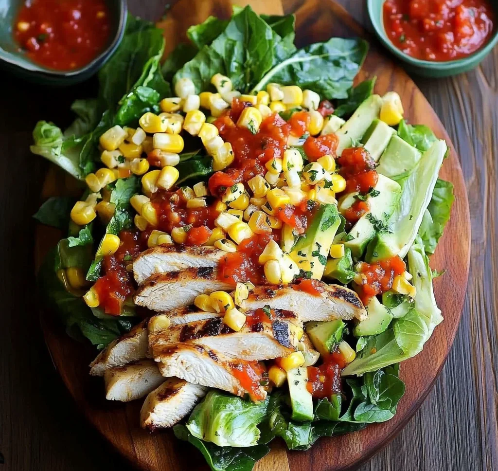 Grilled Romaine, Corn and Chicken Salad with Salsa Dressing