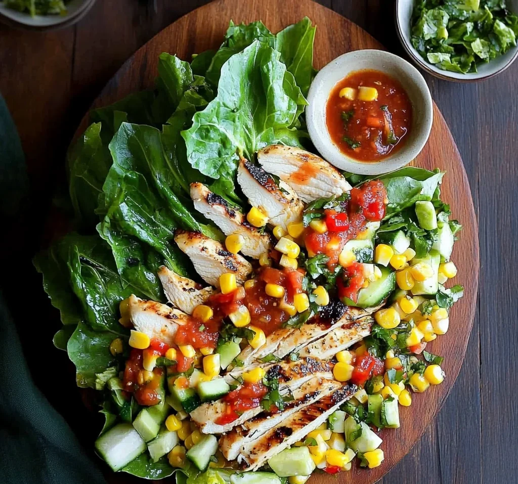 Grilled Romaine, Corn and Chicken Salad with Salsa Dressing
