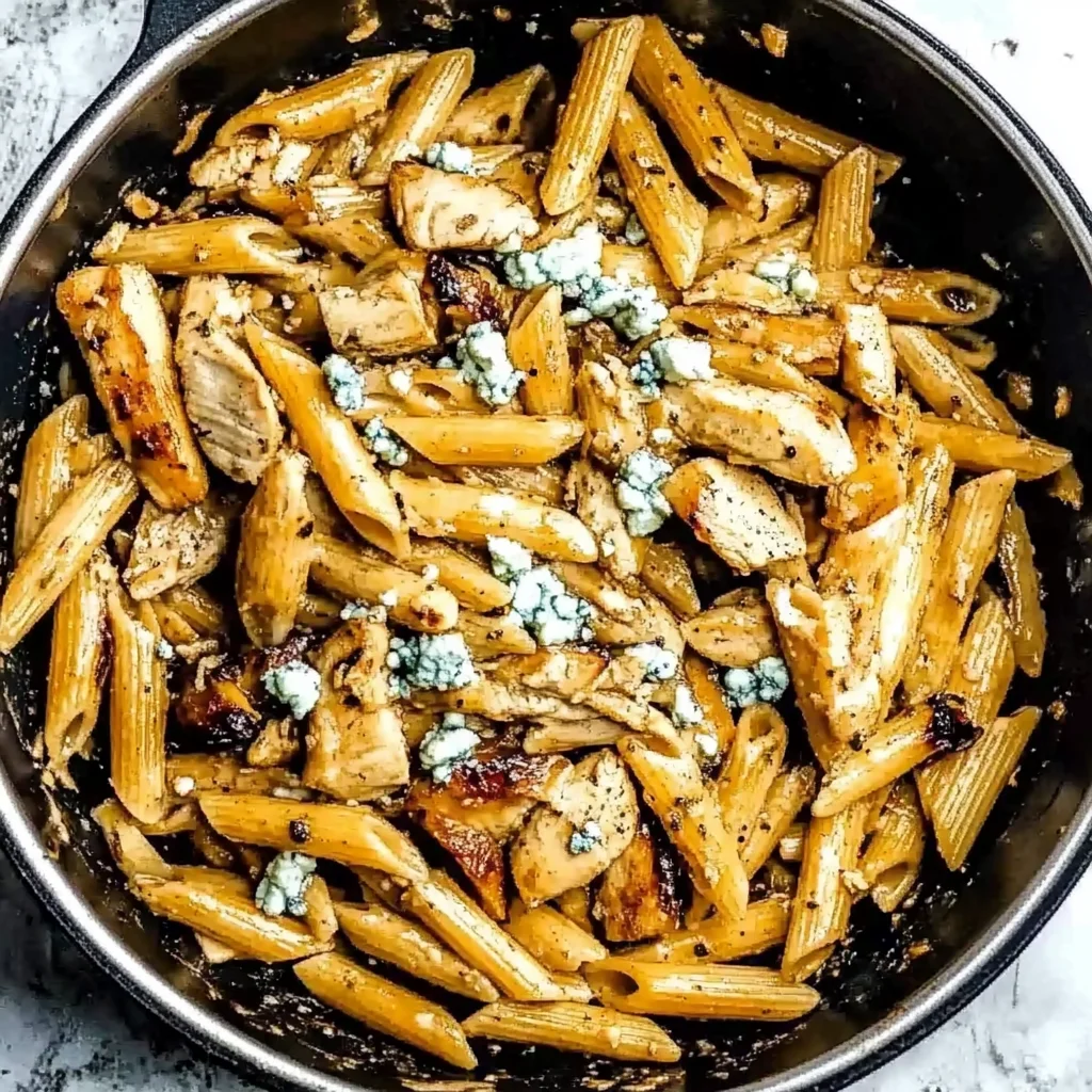 Penne Pasta with Chicken, Caramelized Onions and Blue Cheese