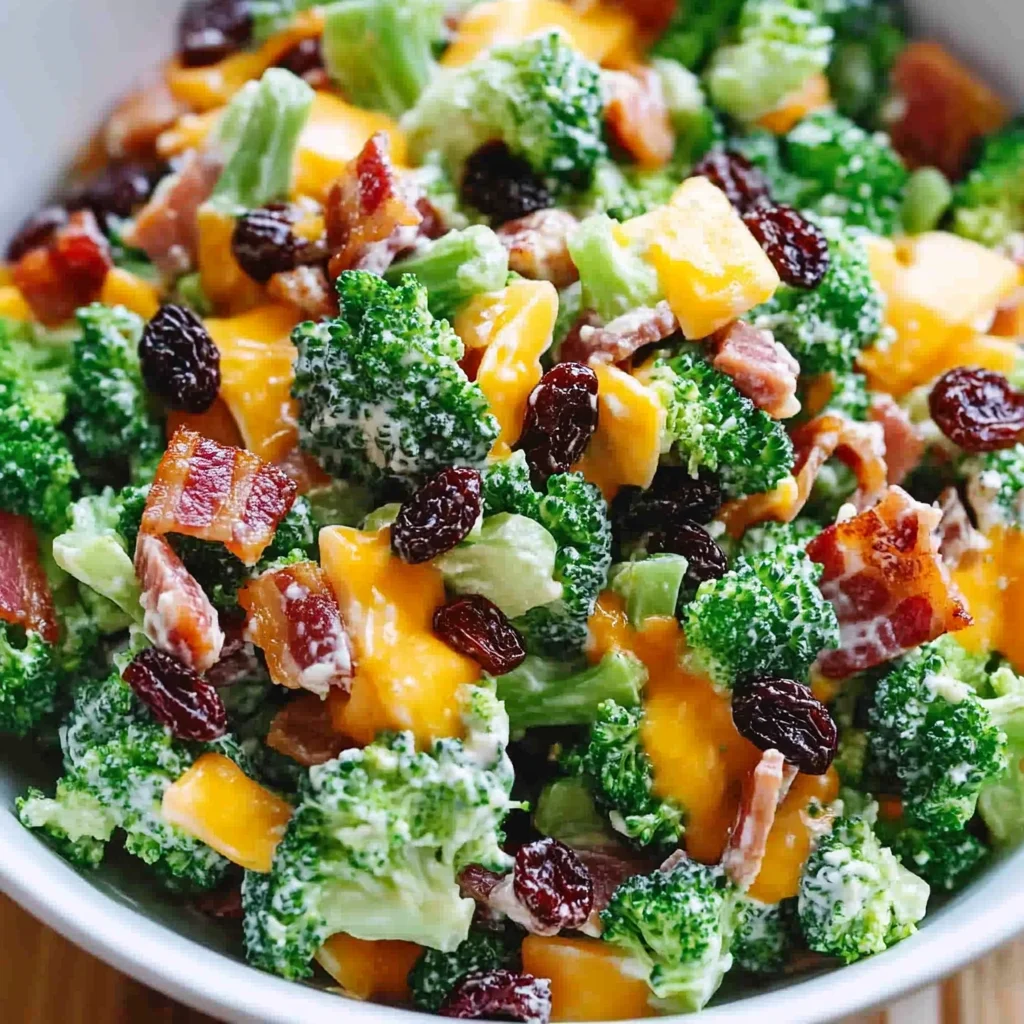 Broccoli Turkey Bacon Salad with Raisins and Cheddar Cheese