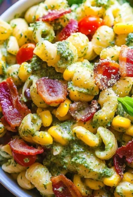 Corn Pasta Salad with Turkey Bacon and Creamy Pesto Dressing