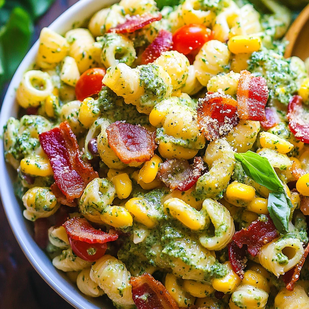 Corn Pasta Salad with Turkey Bacon and Creamy Pesto Dressing