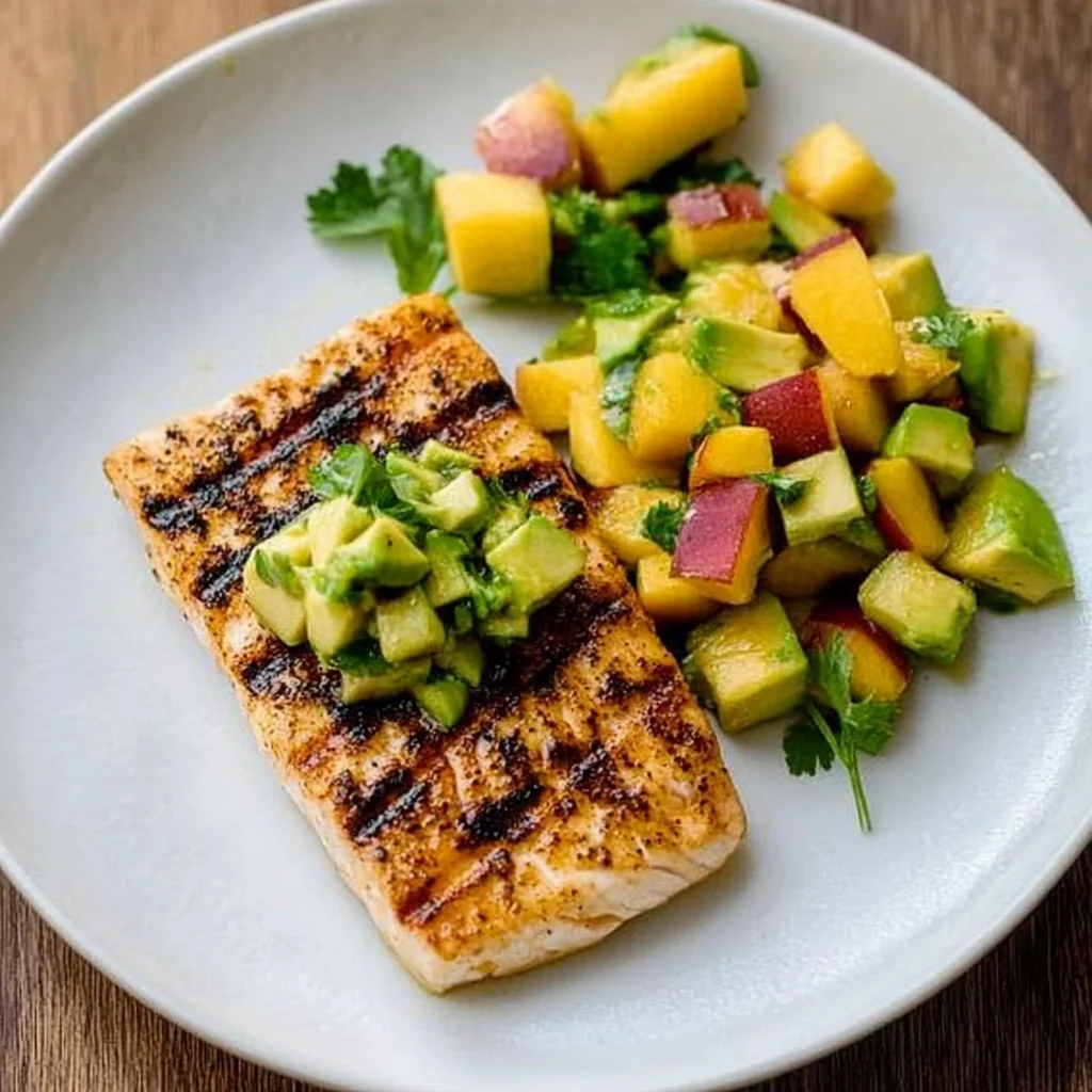 Grilled Mahi Mahi with Grilled Avocado Peach Salsa
