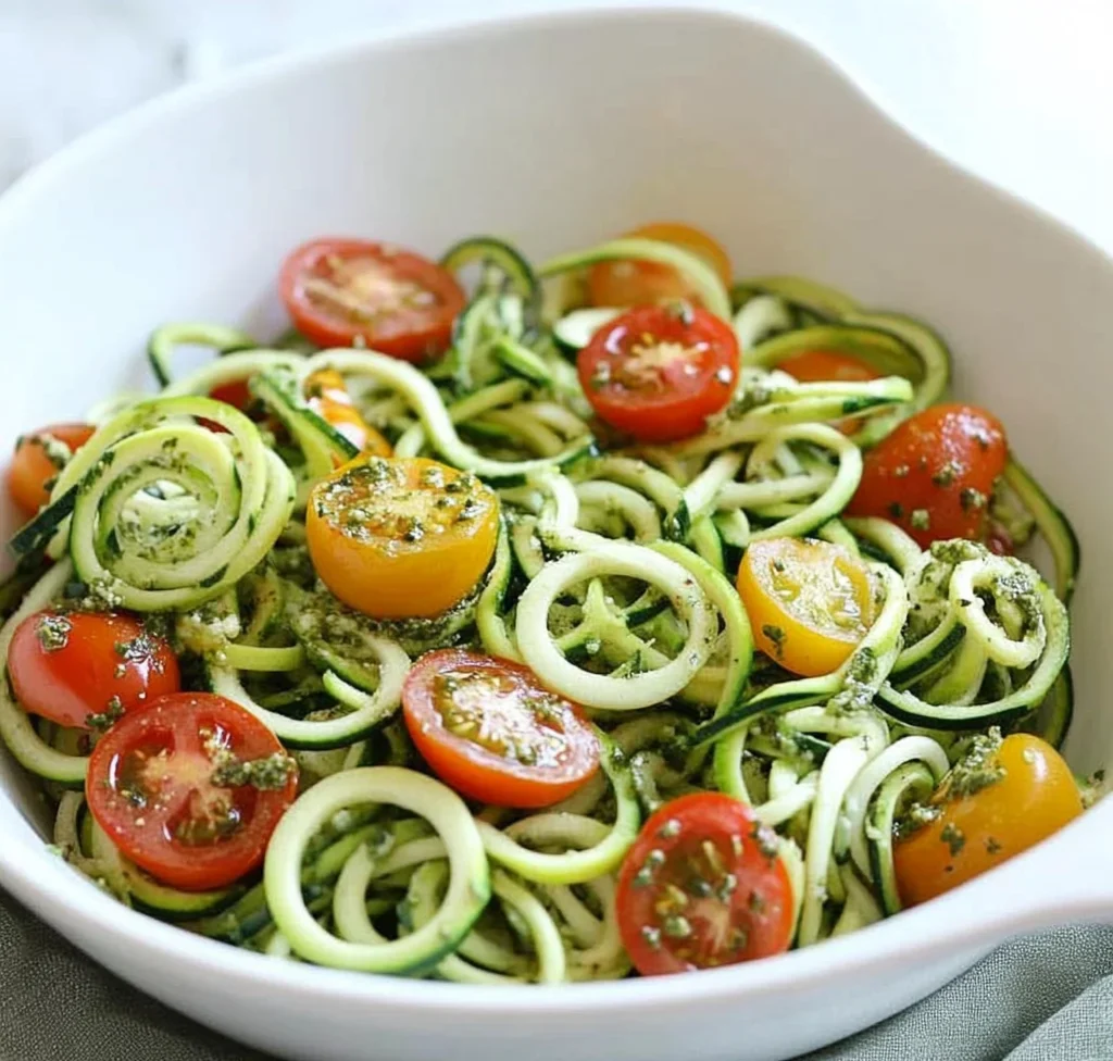 Raw Spiralized Zucchini Noodles with Tomatoes and Pesto
