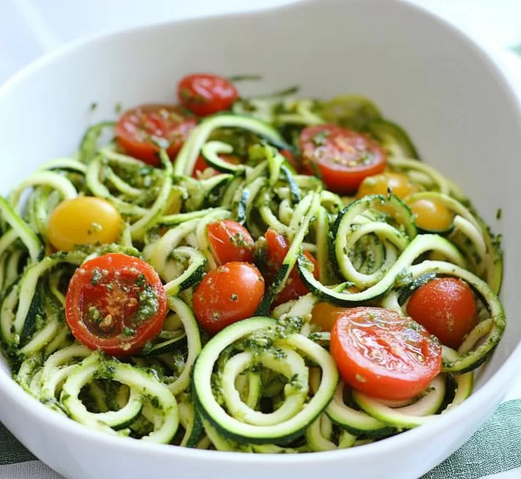 Raw Spiralized Zucchini Noodles with Tomatoes and Pesto