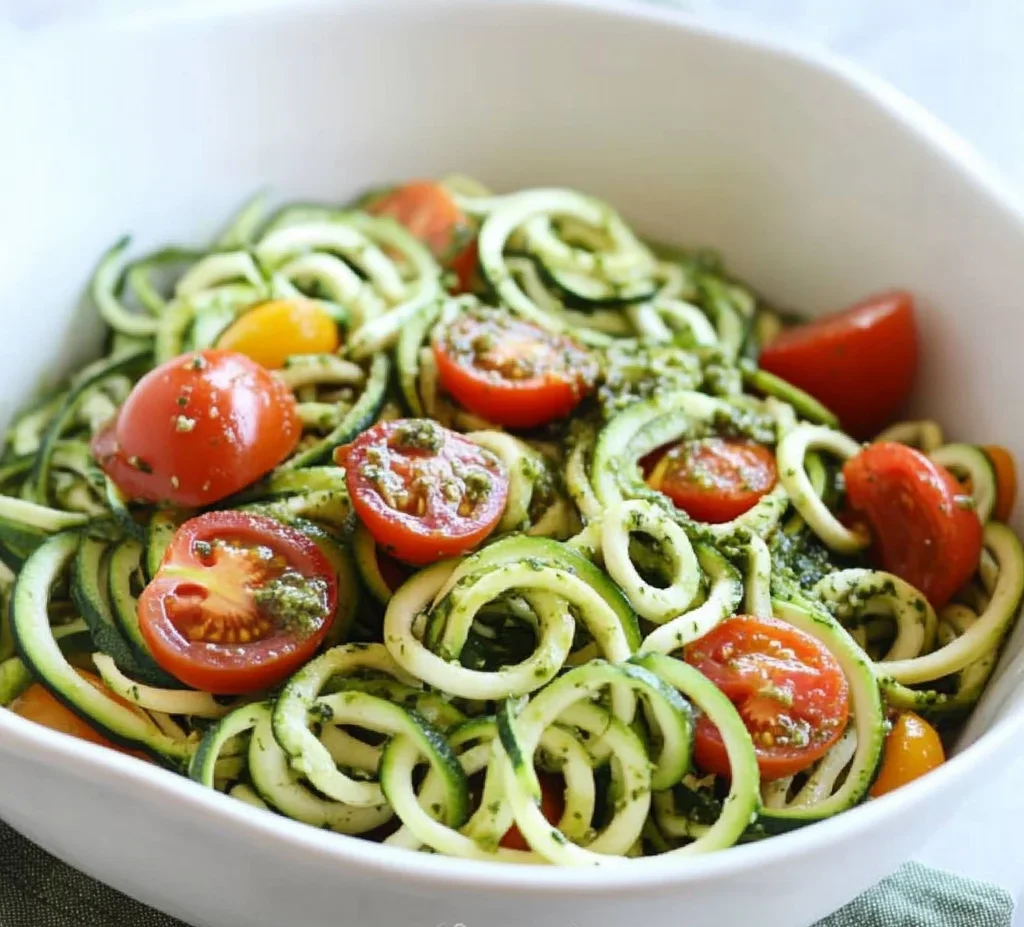 Raw Spiralized Zucchini Noodles with Tomatoes and Pesto
