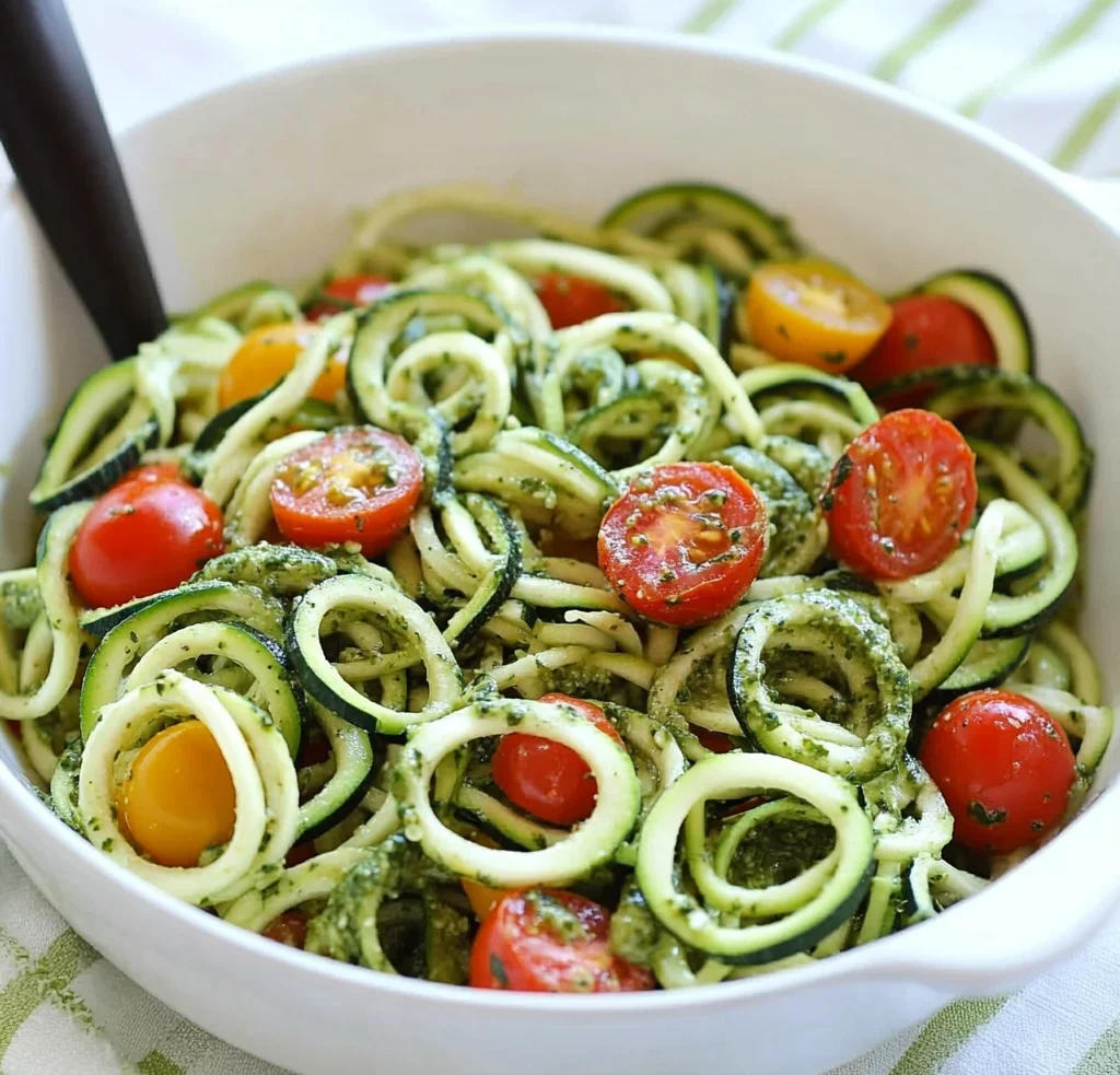 Raw Spiralized Zucchini Noodles with Tomatoes and Pesto