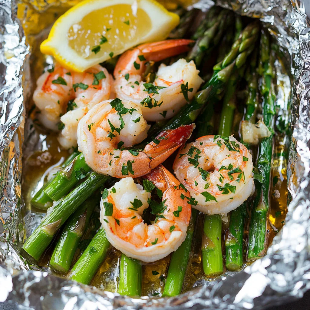 Shrimp and Asparagus Foil Packs with Garlic Lemon Butter Sauce