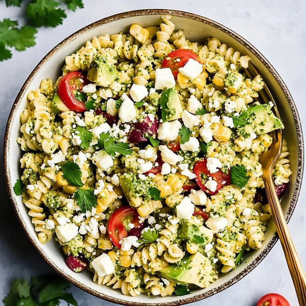 Street Corn Pasta Salad with Cilantro Pesto & Goat Cheese