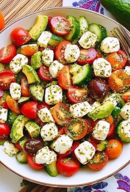 Tomato Cucumber Avocado Salad with Mozzarella and Basil Pesto