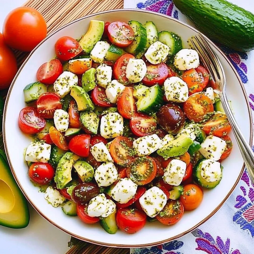Tomato Cucumber Avocado Salad with Mozzarella and Basil Pesto