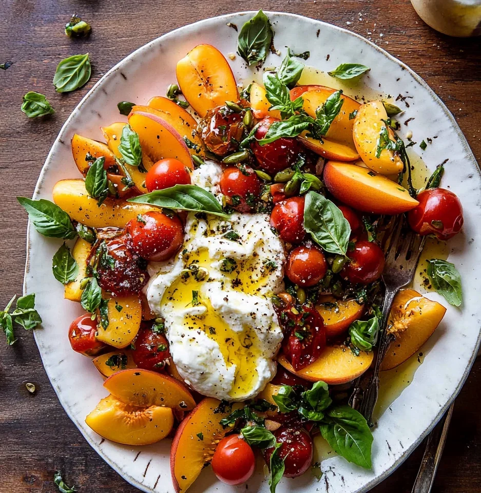 Tomato, Peach, and Burrata Salad