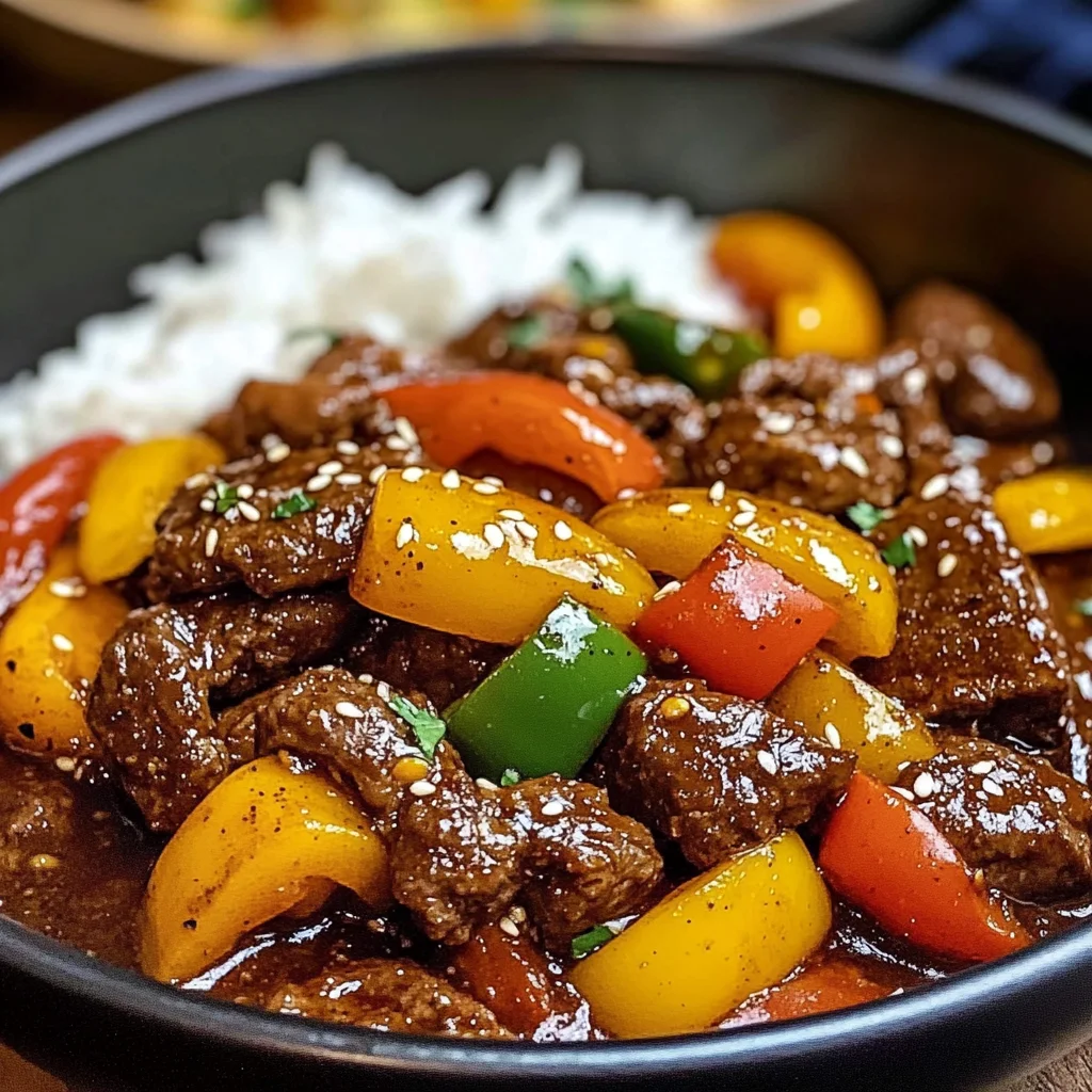 Black Pepper Beef Stir-Fry with Rainbow Peppers and Sesame Finish