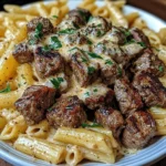 Cajun Steak Tips with Penne in Creamy Parmesan Cheese Sauce