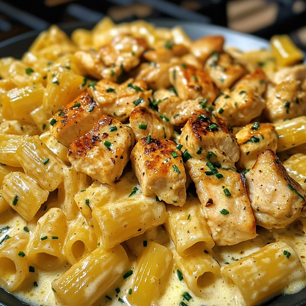 Cheddar Garlic Chicken Rigatoni in Parmesan Sauce