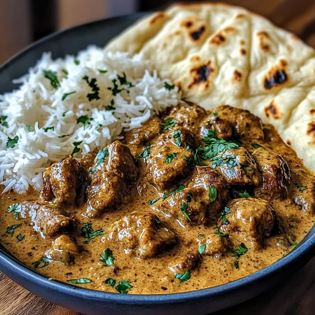 Coconut-Curry Braised Beef with Jasmine Rice & Garlic Naan