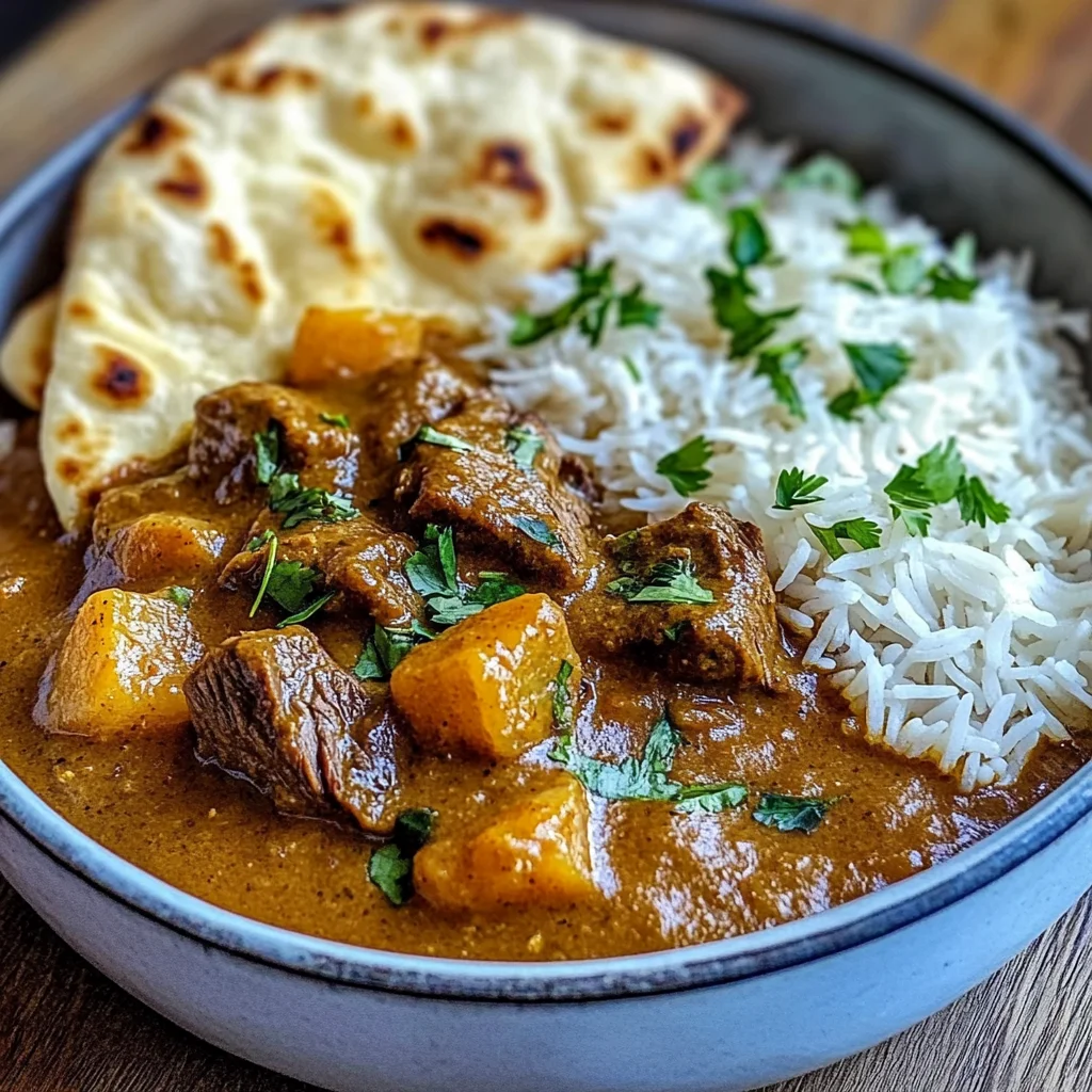 Coconut Beef Curry with Fragrant Basmati Rice and Naan