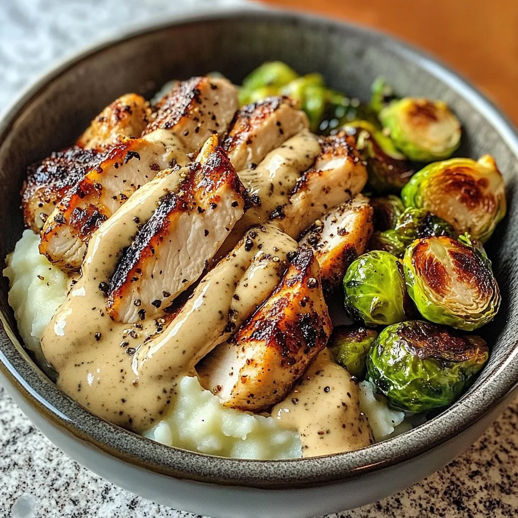 Creamy Black Pepper Chicken Bowl with Crispy Brussels & Mash