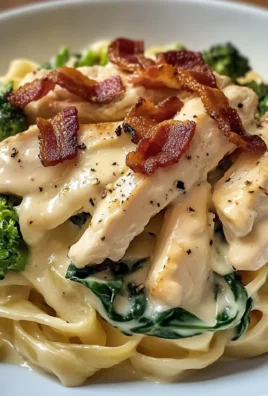 Creamy Chicken Bacon Fettuccine Alfredo with Spinach & Broccoli