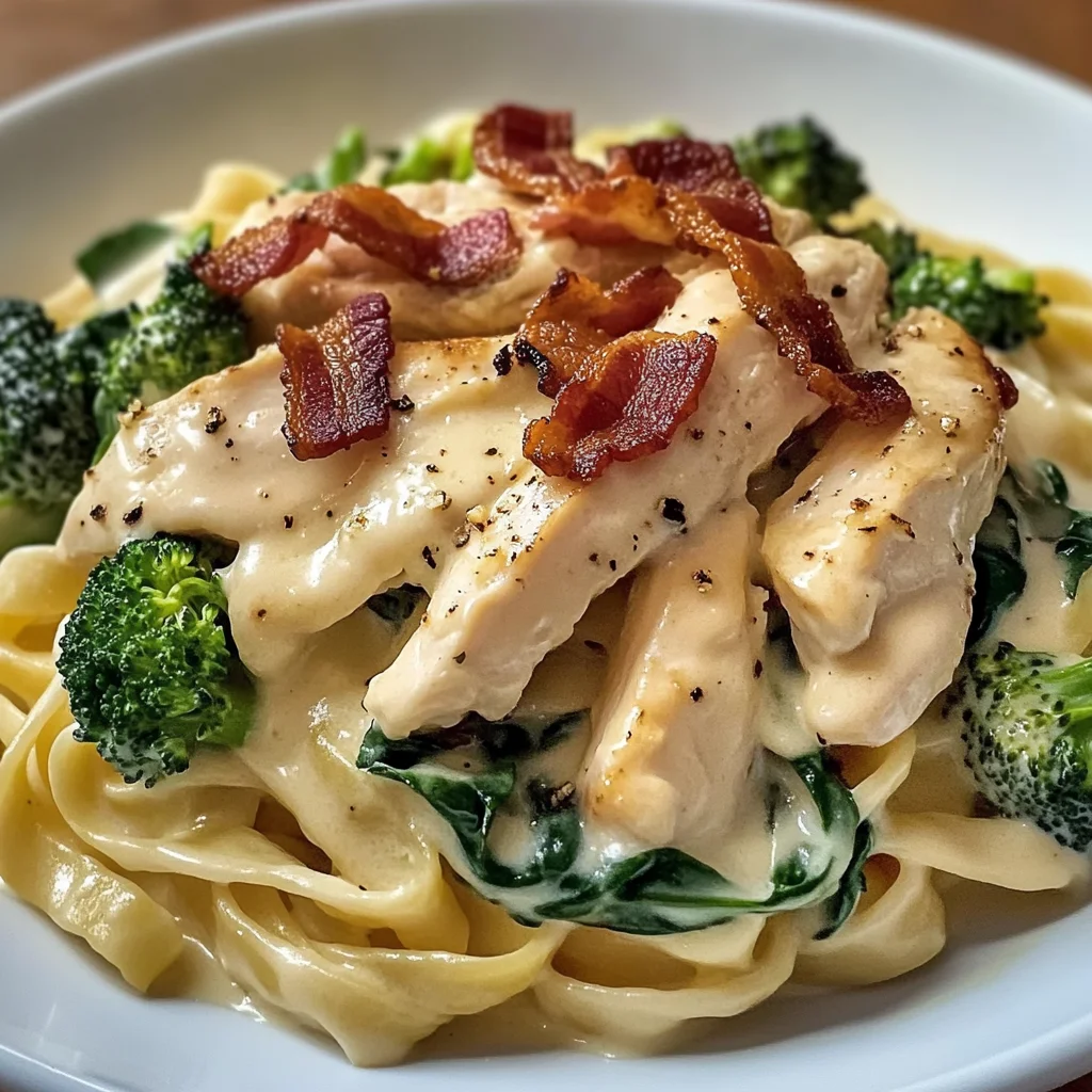 Creamy Chicken Bacon Fettuccine Alfredo with Spinach & Broccoli