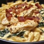 Creamy Chicken, Bacon & Spinach Pasta in Cheesy Garlic Sauce