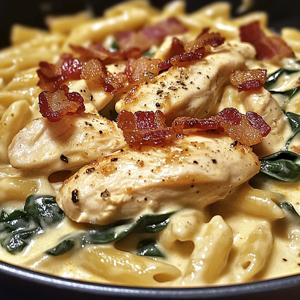 Creamy Chicken, Bacon & Spinach Pasta in Cheesy Garlic Sauce