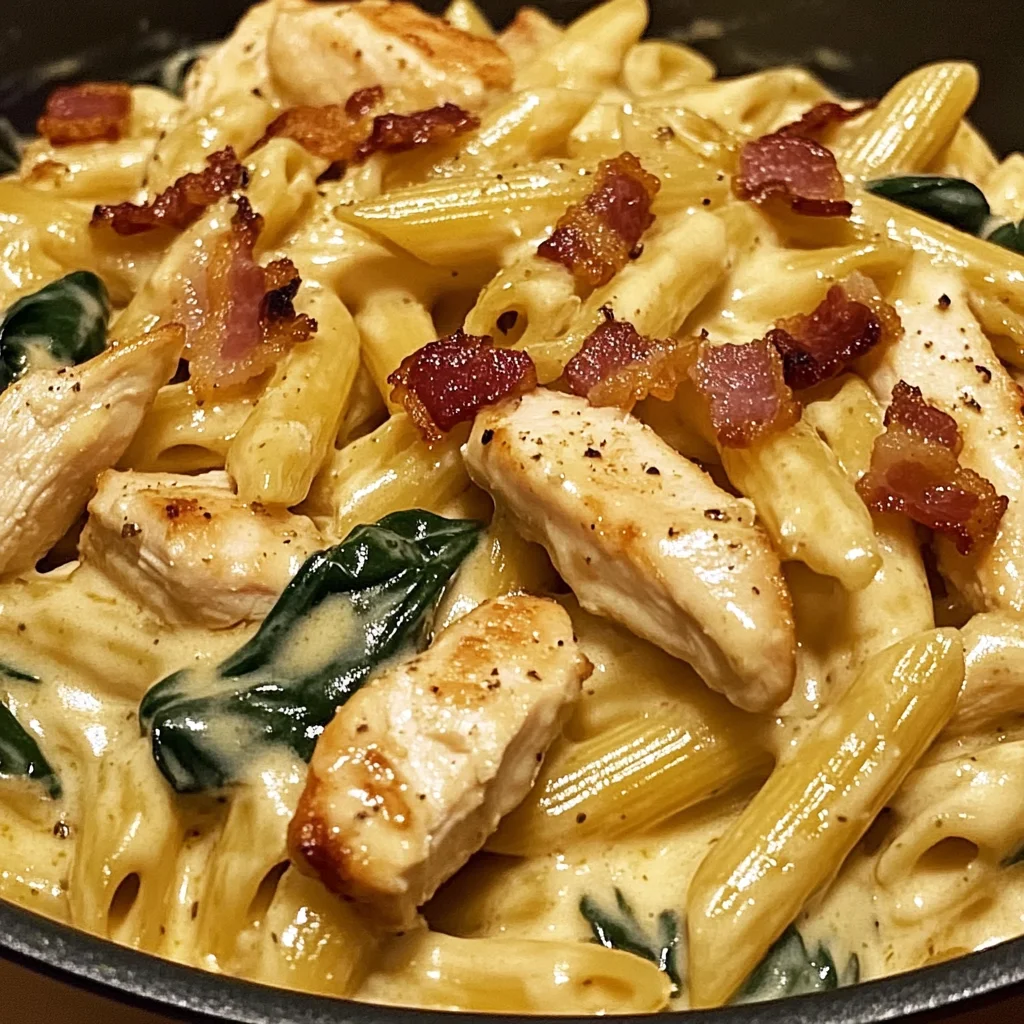 Creamy Garlic Chicken Bacon Penne with Spinach