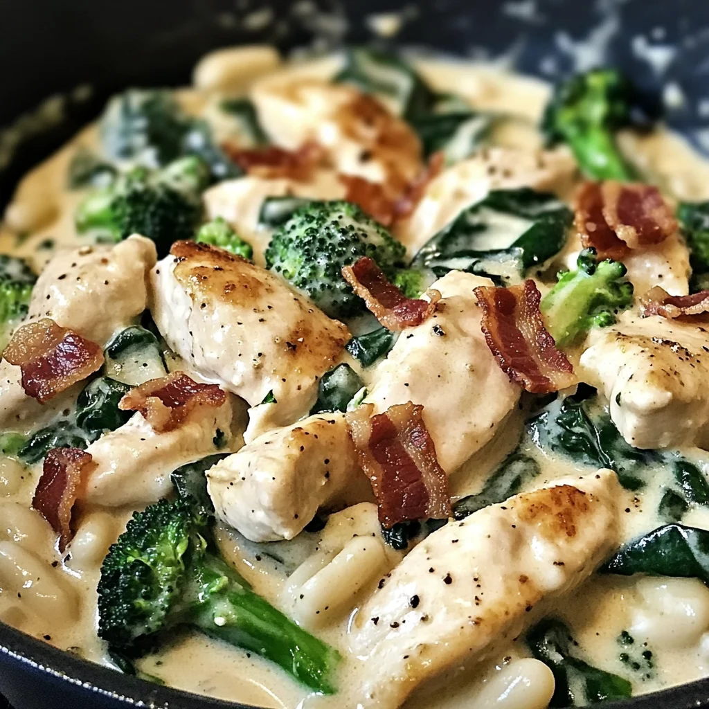 Decadent Garlic Butter Chicken Alfredo with Spinach, Bacon & Broccoli