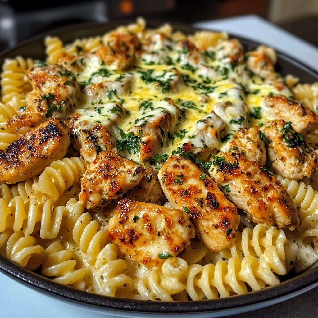 Garlic Butter Chicken Rotini with Melted Mozzarella