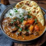 Slow-Cooked Beef Curry with Creamy Coconut Sauce & Garlic Naan