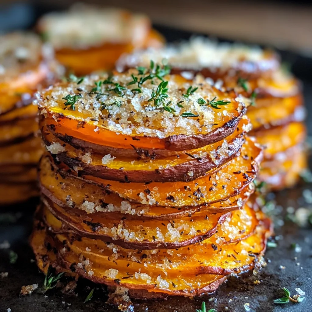 Crispy Parmesan Thyme Sweet Potato Stacks Recipe