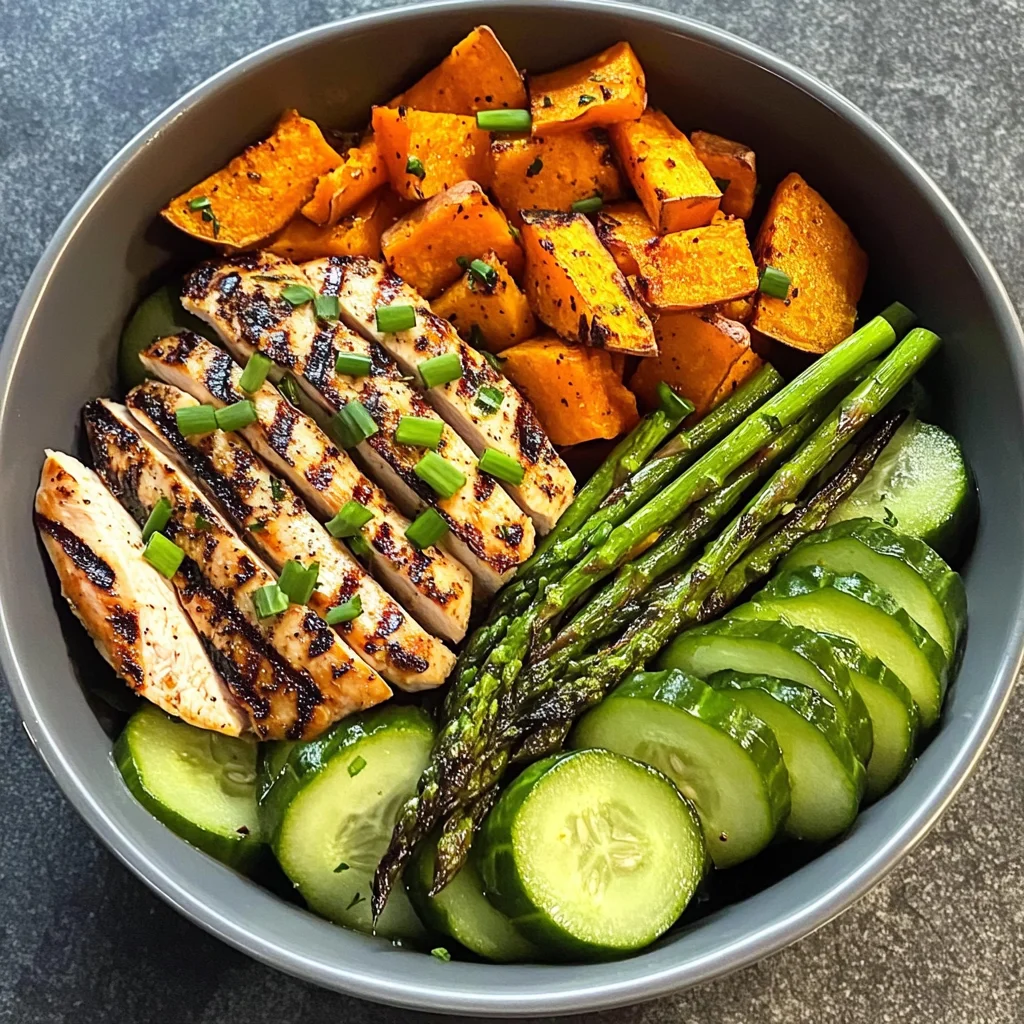 Grilled Chicken Bowl with Sweet Potato, Asparagus & Cucumber Medley
