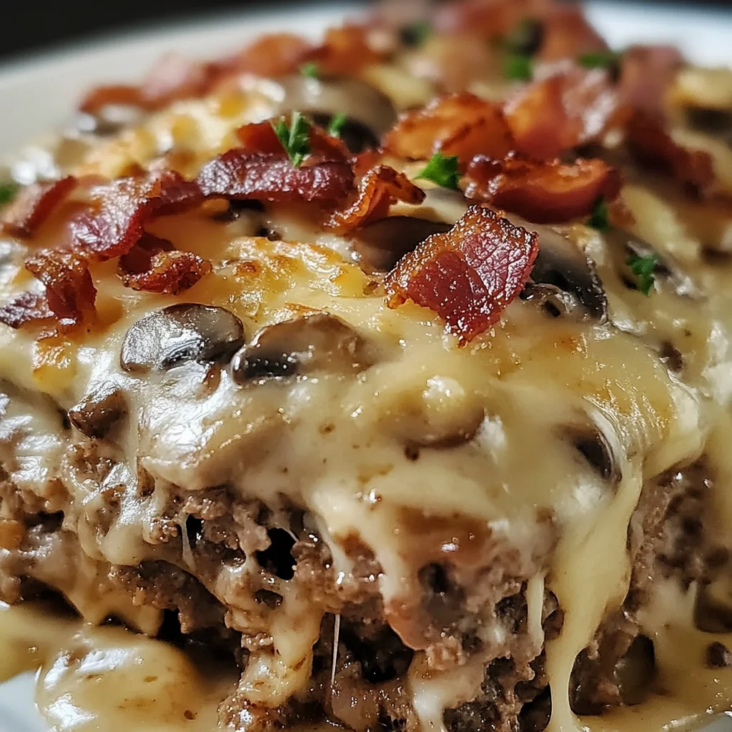 Mushroom Swiss Turkey Bacon Meatloaf Casserole