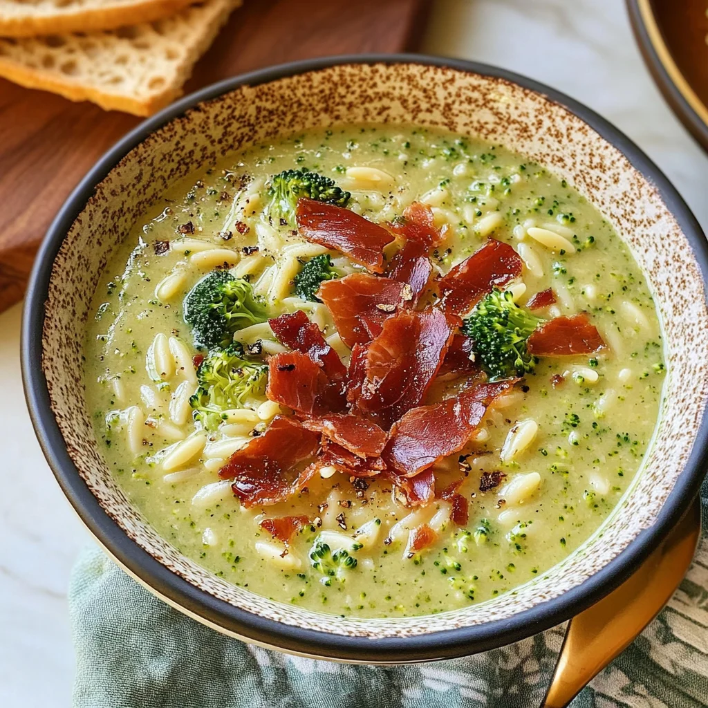 Broccoli Cheddar Orzo Soup with Crispy Prosciutto