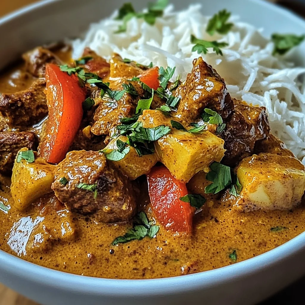 Creamy Coconut Curry Beef with Garlic Naan & Fries