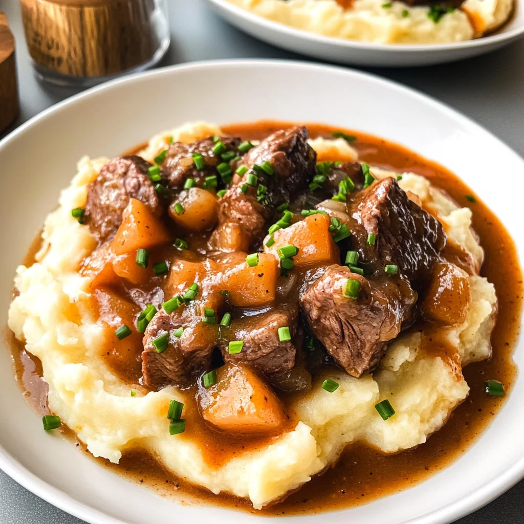 Fall Apple Cider Stew over Mashed Potatoes