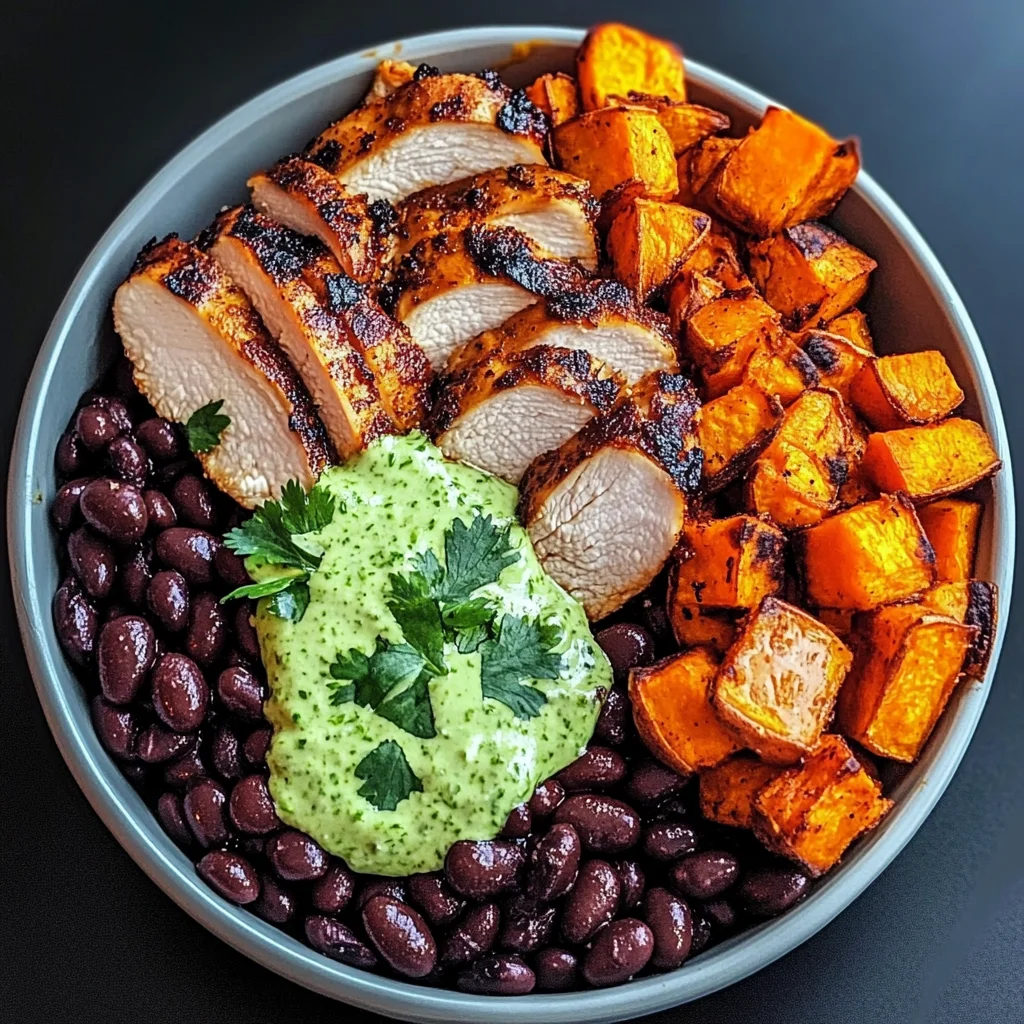 Chipotle Chicken Bowl with Black Beans, Sweet Potatoes, and Cilantro Lime Sauce